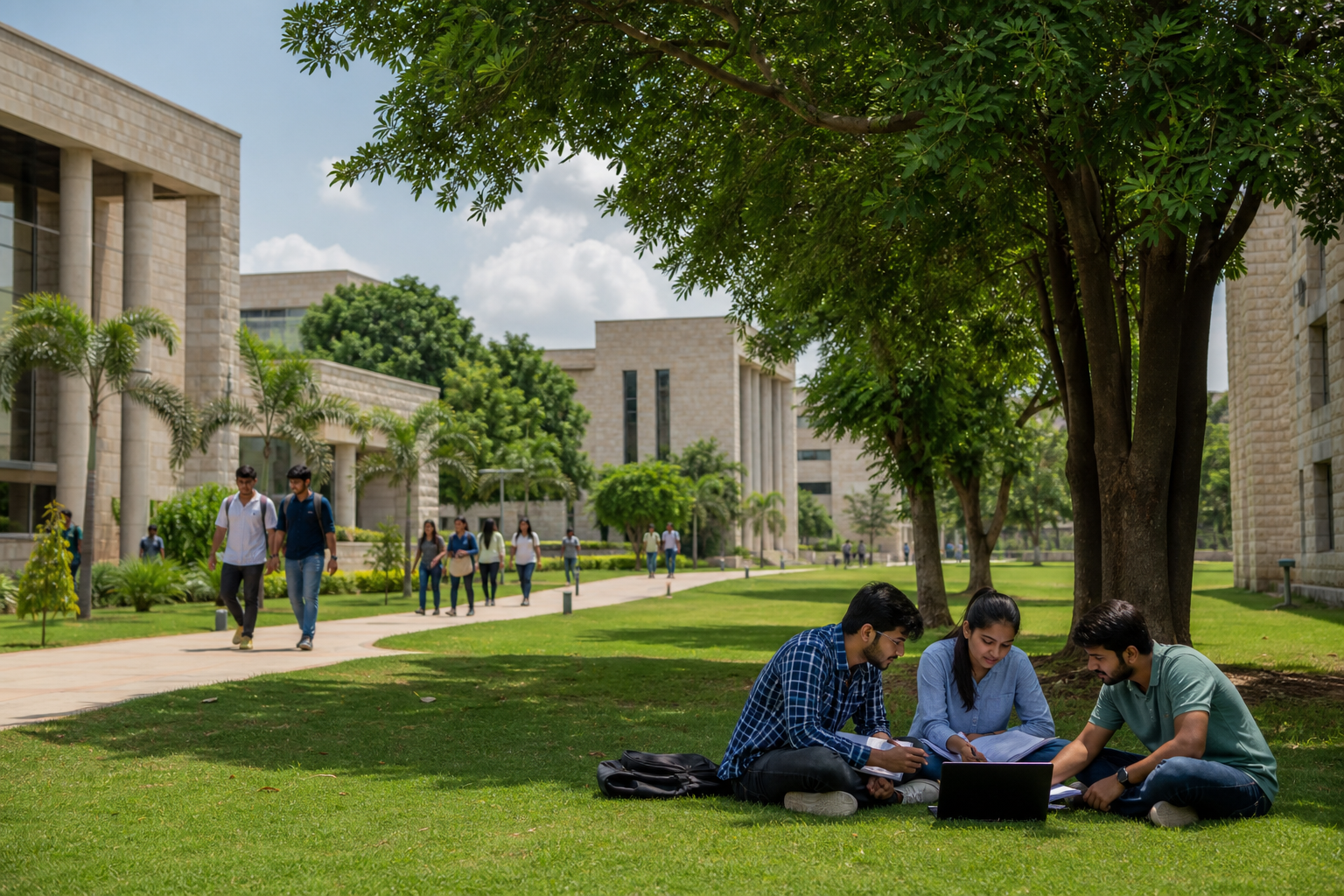 Green college campus with academic buildings and walkways
