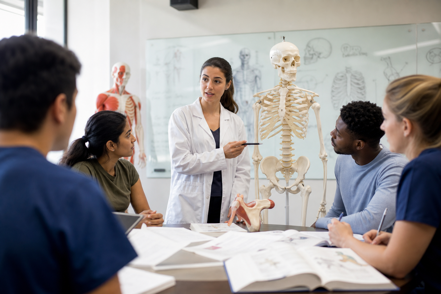 Medical students in a classroom with anatomical models and clinical learning resources