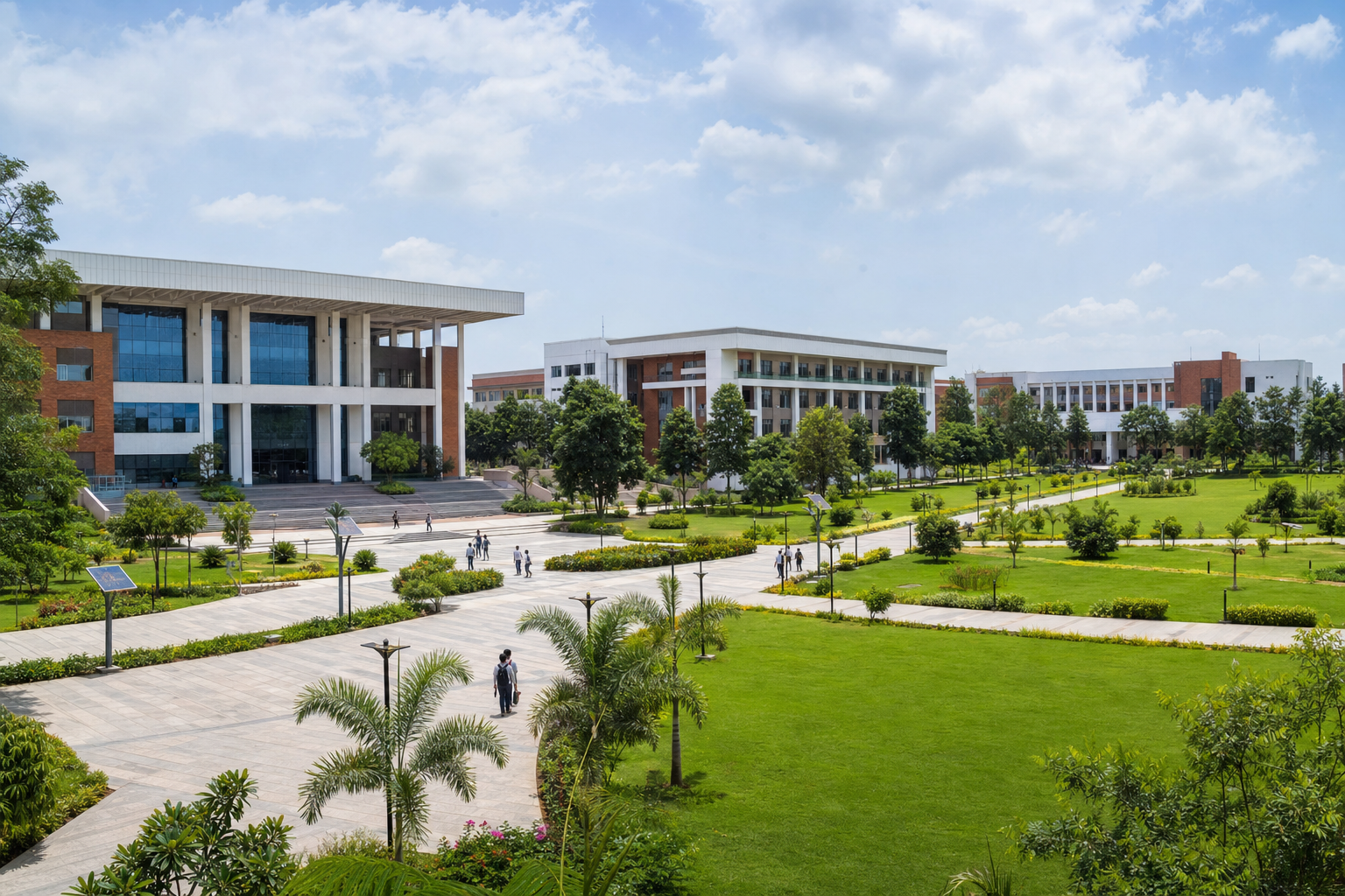 Landscaped smart campus with modern academic buildings